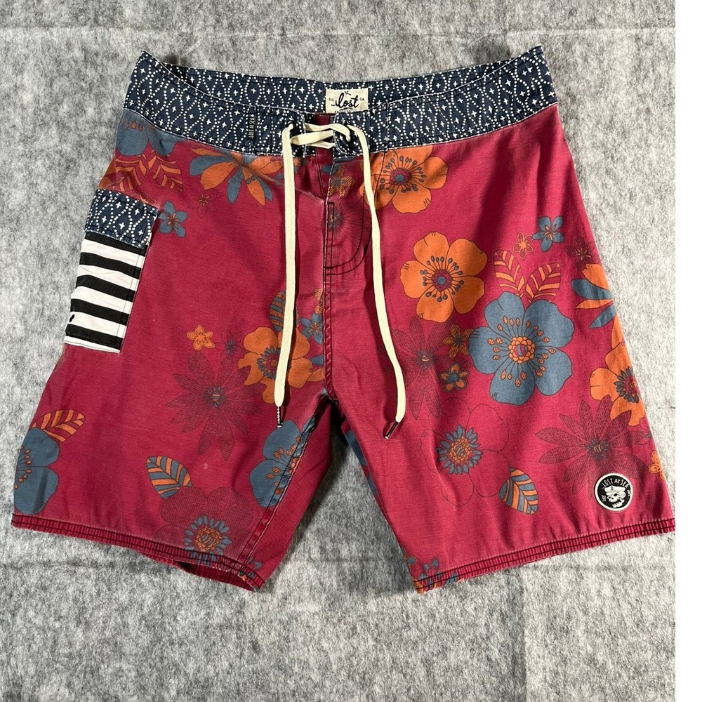 LOST Enterprises Mens 34 Boardshorts Maroon Red Floral Cargo Pocket 7" inseam